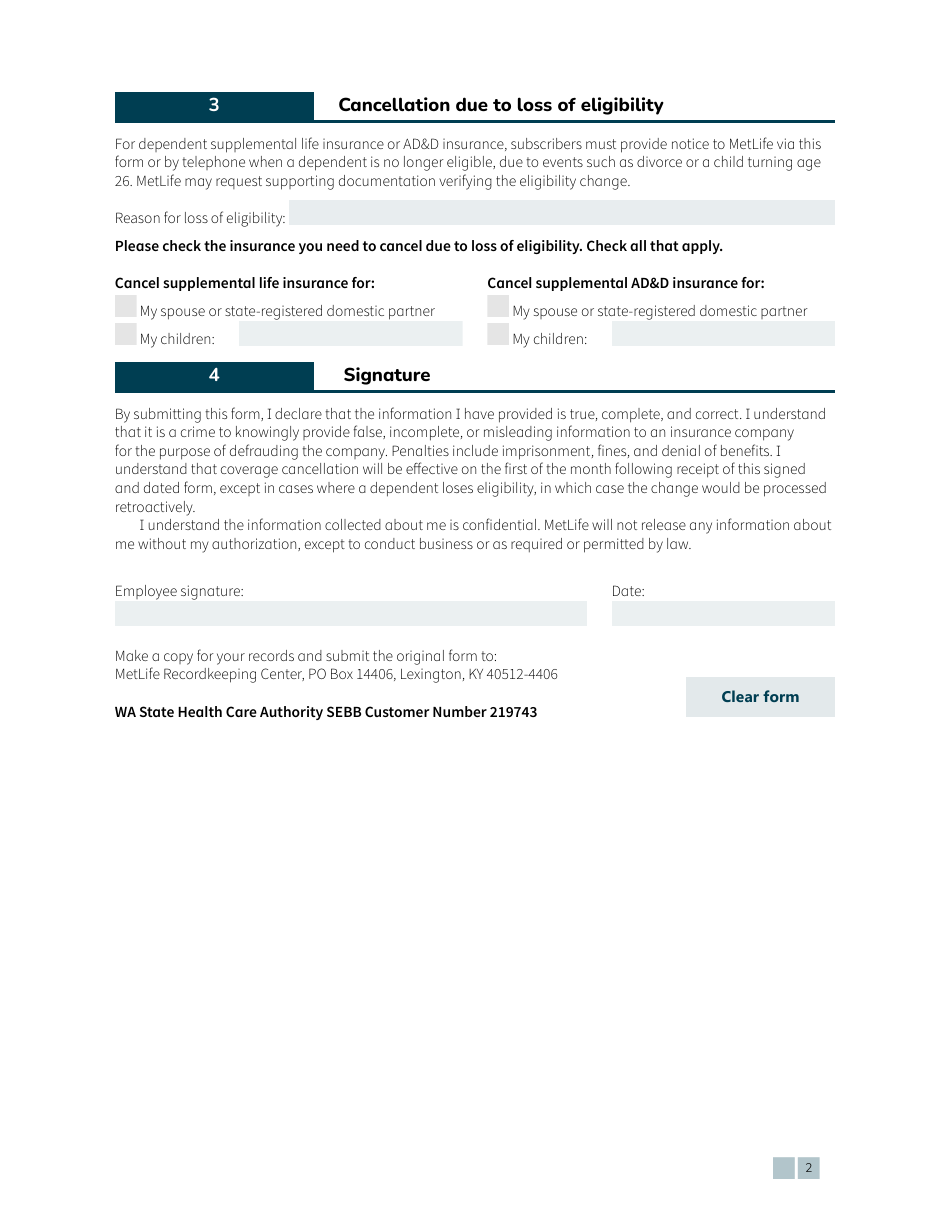 Form HCA20-0192 Sebb Cancellation of Supplemental Life and Add Insurance Through Metlife - Washington, Page 2