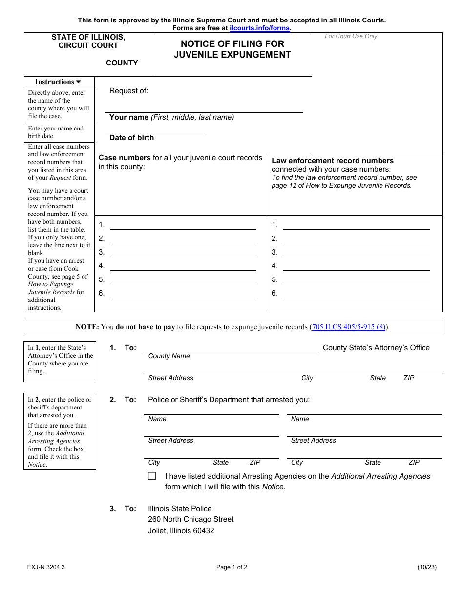 Form EXJ-N3204.3 Notice of Filing for Juvenile Expungement - Illinois, Page 1