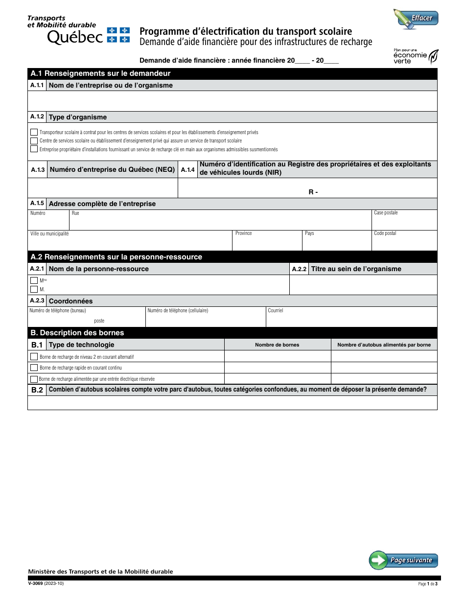 Forme V-3069 Demande Daide Financiere Pour DES Infrastructures De Recharge - Programme Delectrification Du Transport Scolaire - Quebec, Canada (French), Page 1