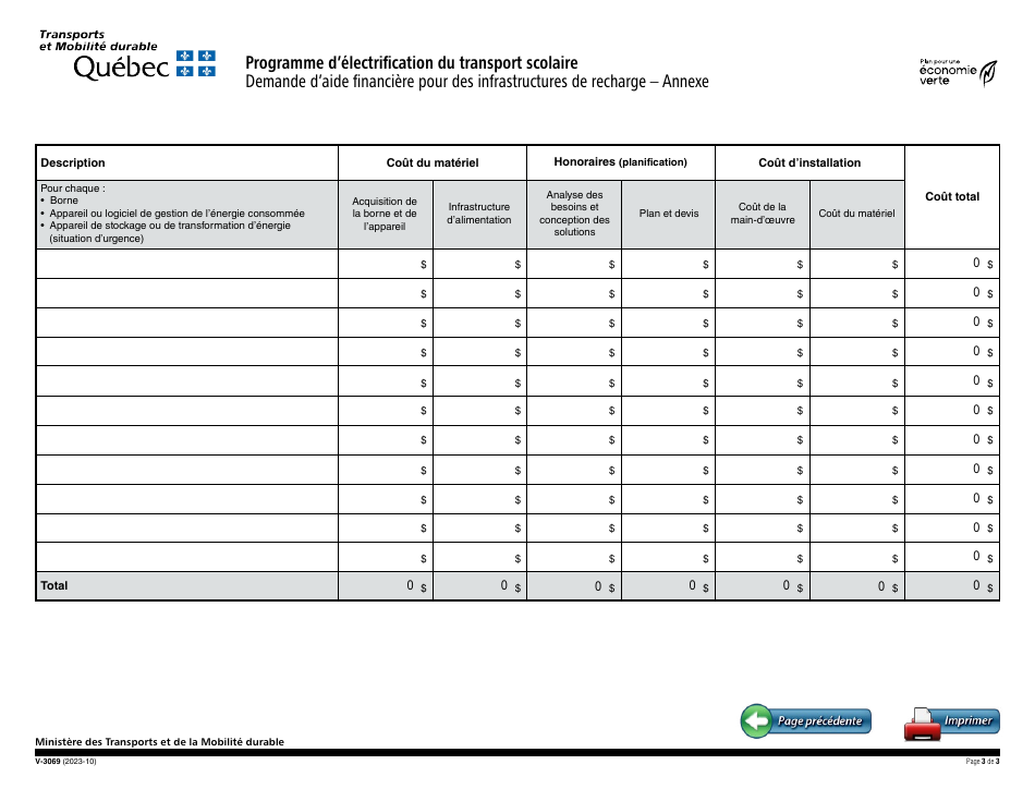 Forme V-3069 Demande Daide Financiere Pour DES Infrastructures De Recharge - Programme Delectrification Du Transport Scolaire - Quebec, Canada (French), Page 3