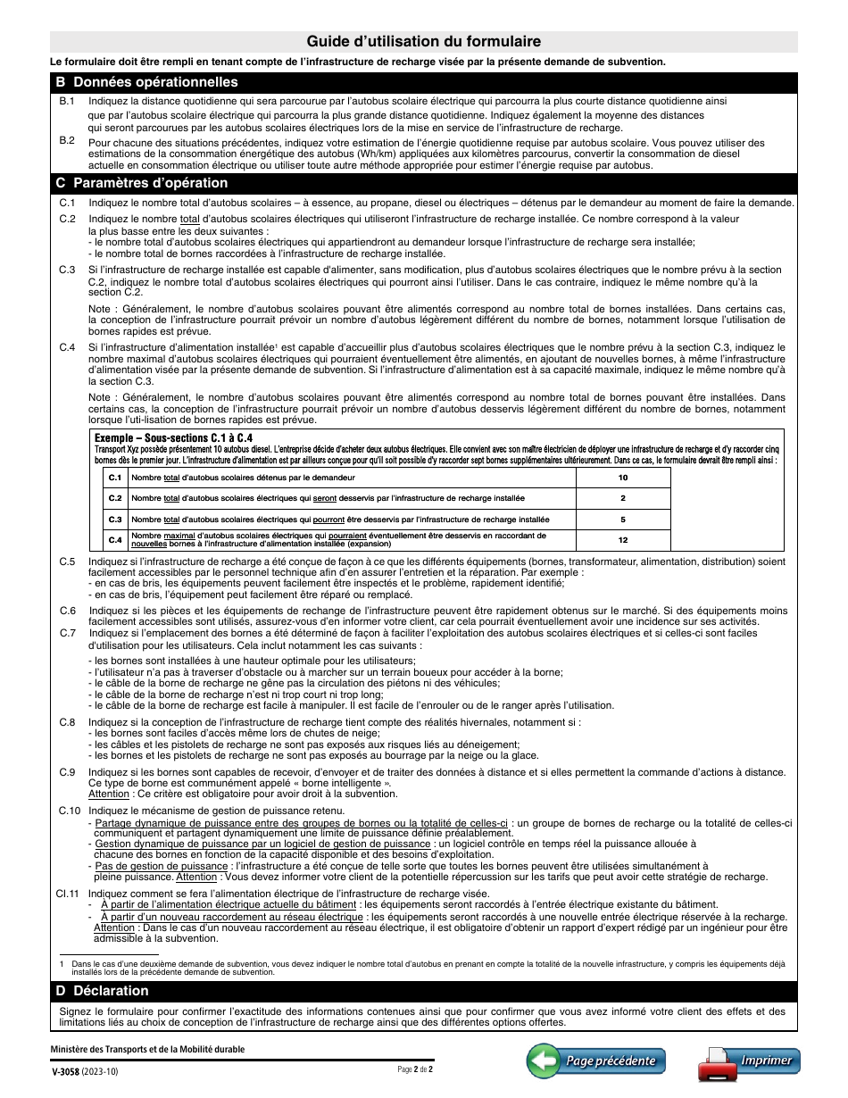 Forme V-3058 Declaration De Conception De Linfrastructure De Recharge - Programme Delectrification Du Transport Scolaire - Quebec, Canada (French), Page 2