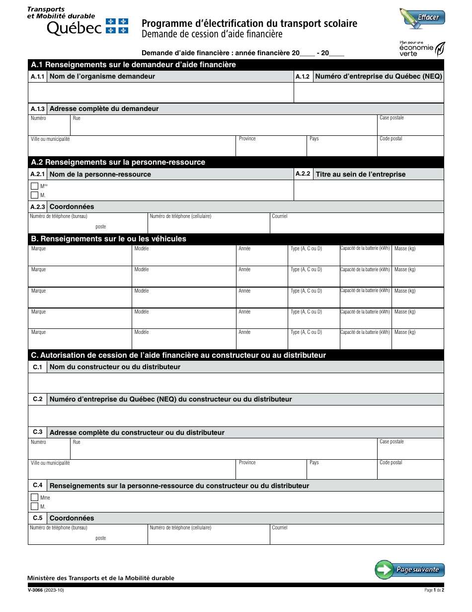 Forme V-3066 Demande De Cession Daide Financiere - Programme Delectrification Du Transport Scolaire - Quebec, Canada (French), Page 1