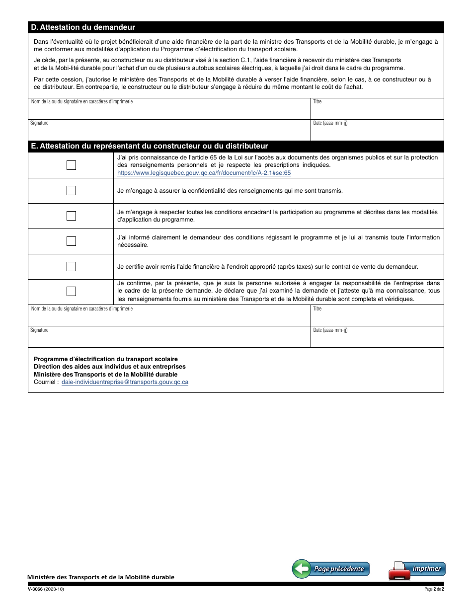 Forme V-3066 Demande De Cession Daide Financiere - Programme Delectrification Du Transport Scolaire - Quebec, Canada (French), Page 2