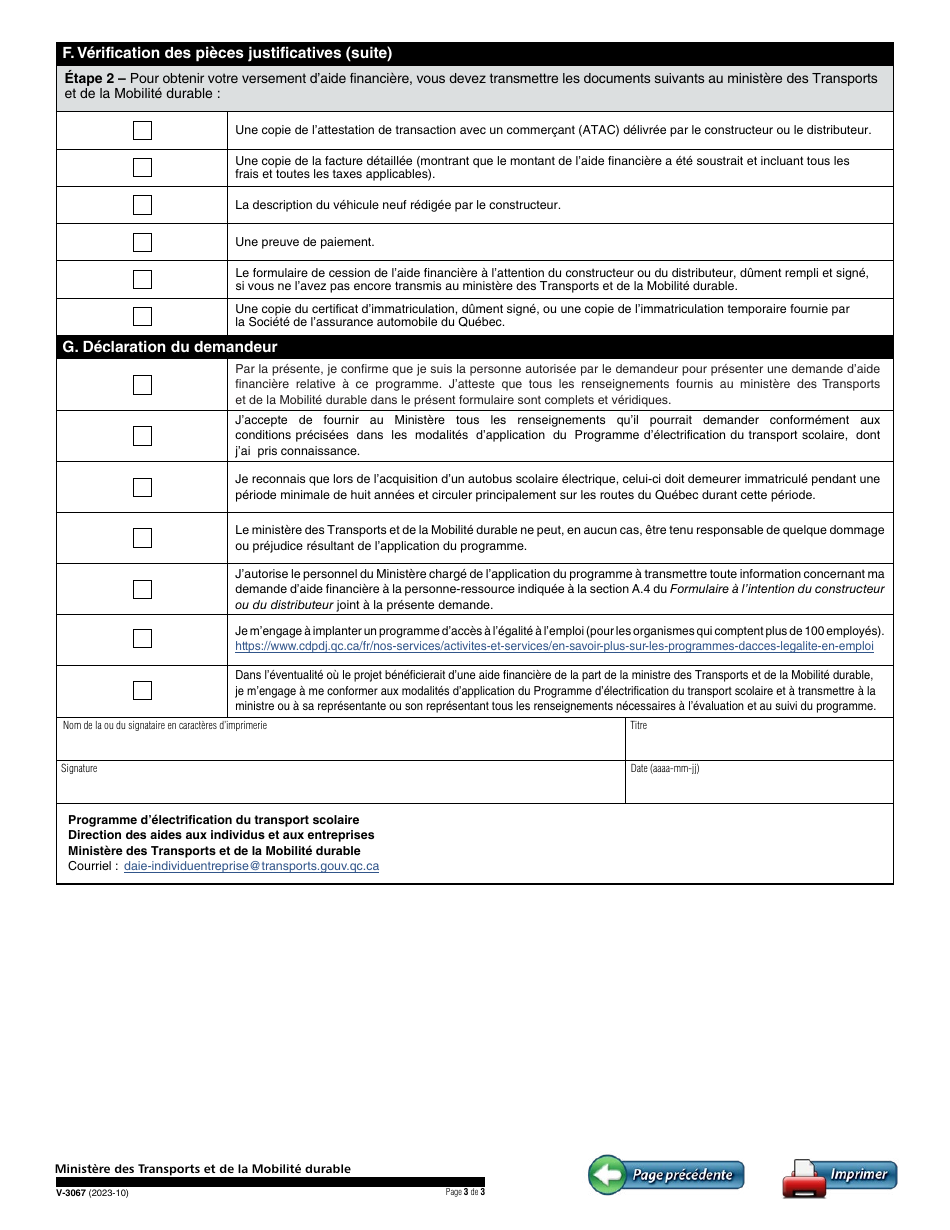 Forme V-3067 Demande Daide Financiere a Lachat Dun Autobus Scolaire Electrique - Programme Delectrification Du Transport Scolaire - Quebec, Canada (French), Page 3