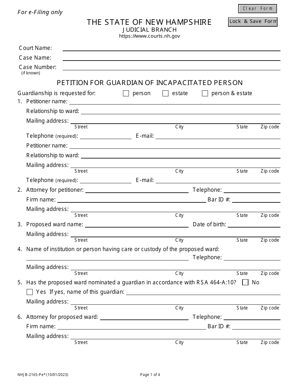 Form NHJB-2165-PE Petition for Guardian of Incapacitated Person - New Hampshire, Page 1