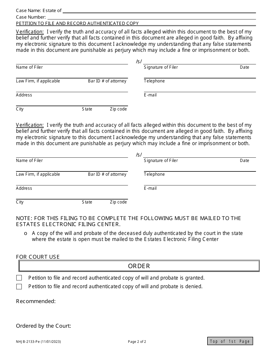 Form NHJB-2133-PE Petition to File and Record Authenticated Copy of Will and Probate From Another State (Real Estate in Nh) - New Hampshire, Page 2