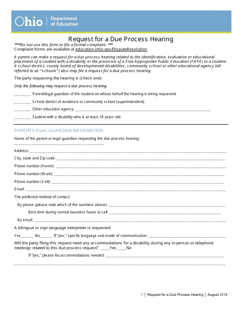 Request for a Due Process Hearing - Ohio Download Pdf