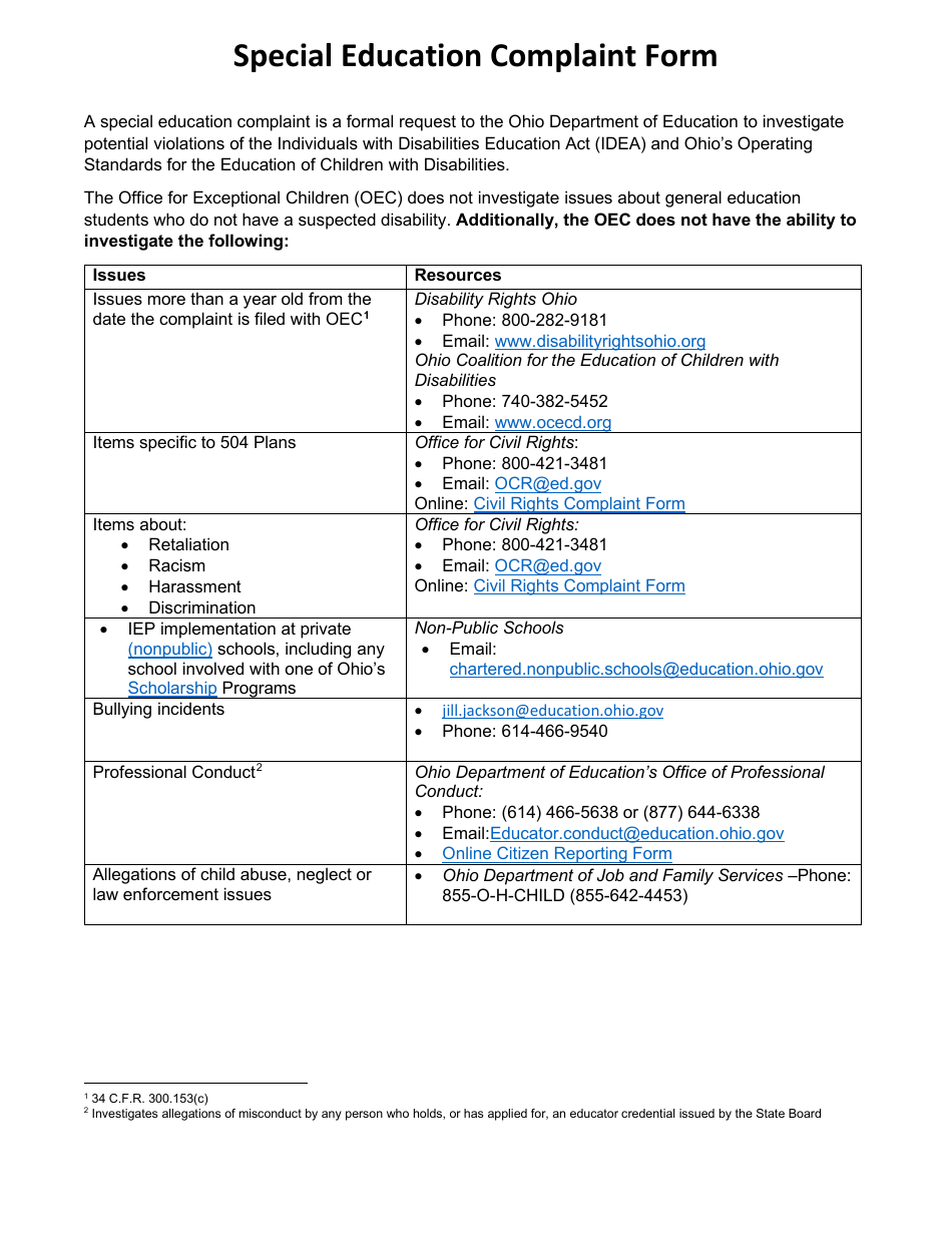 Special Education Complaint Form - Ohio, Page 1