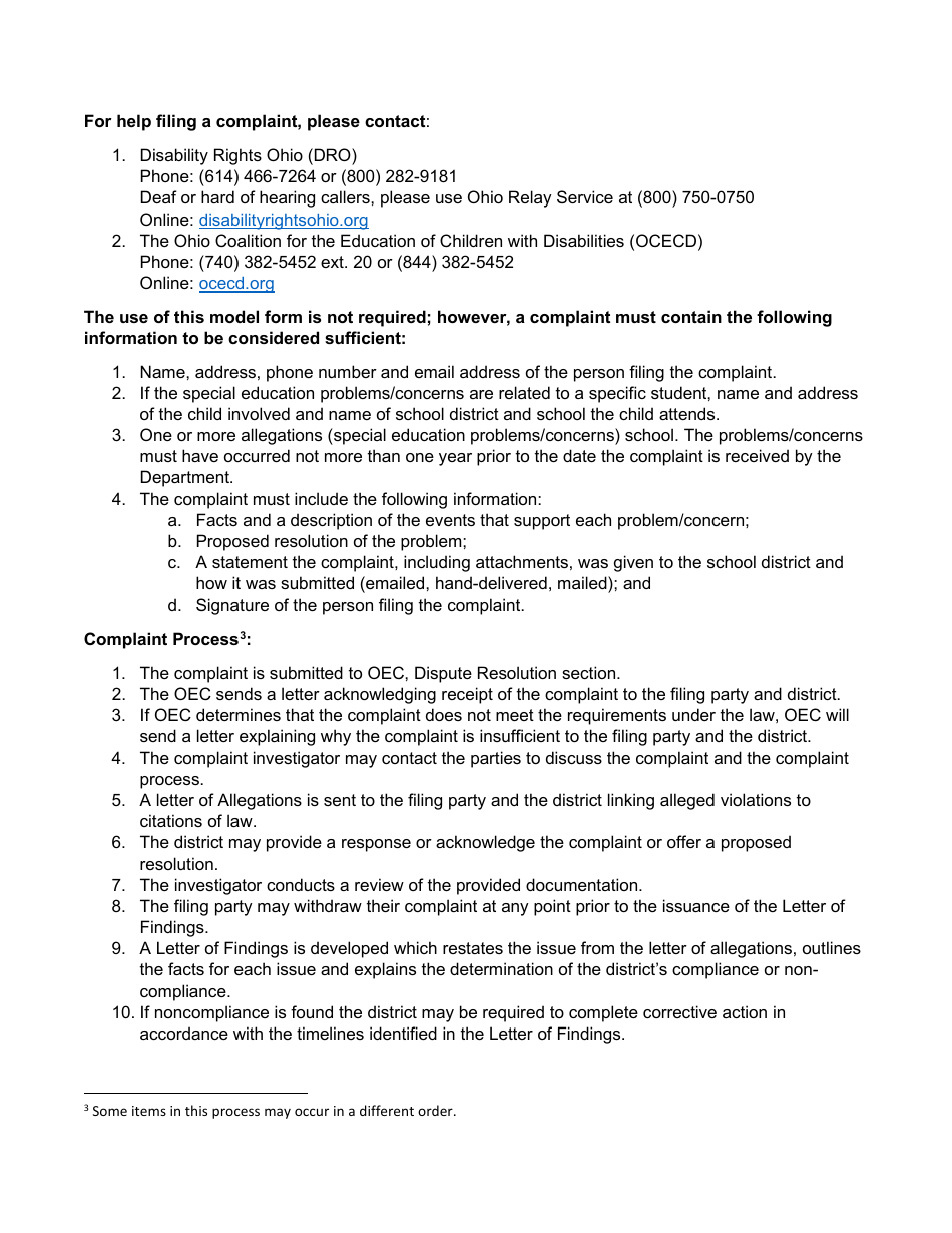 Special Education Complaint Form - Ohio, Page 2