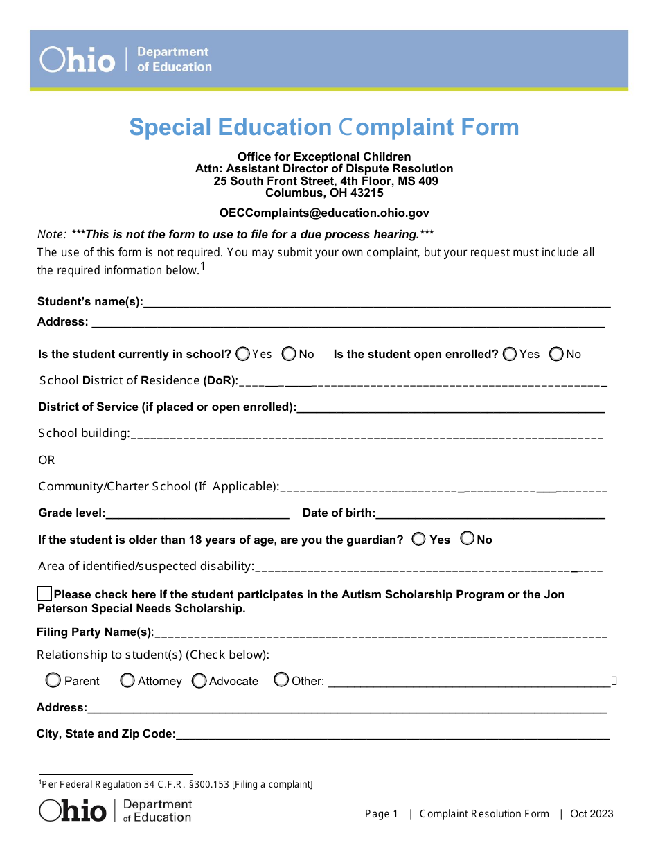 Special Education Complaint Form - Ohio, Page 3