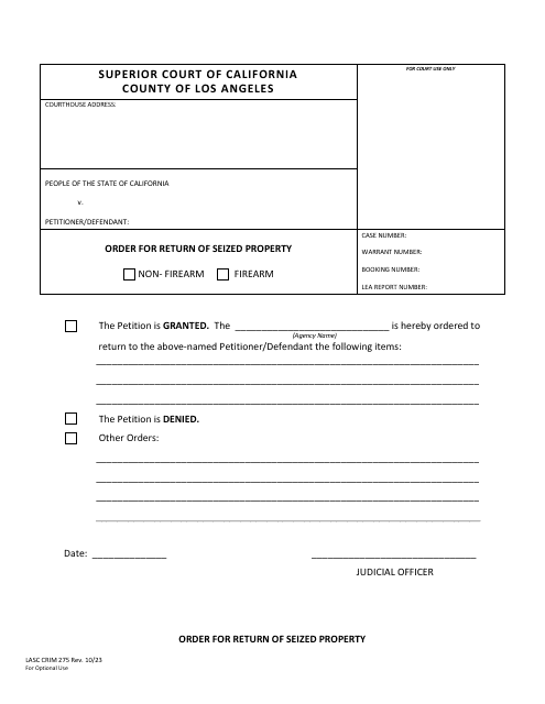 Form LASC CRIM275  Printable Pdf