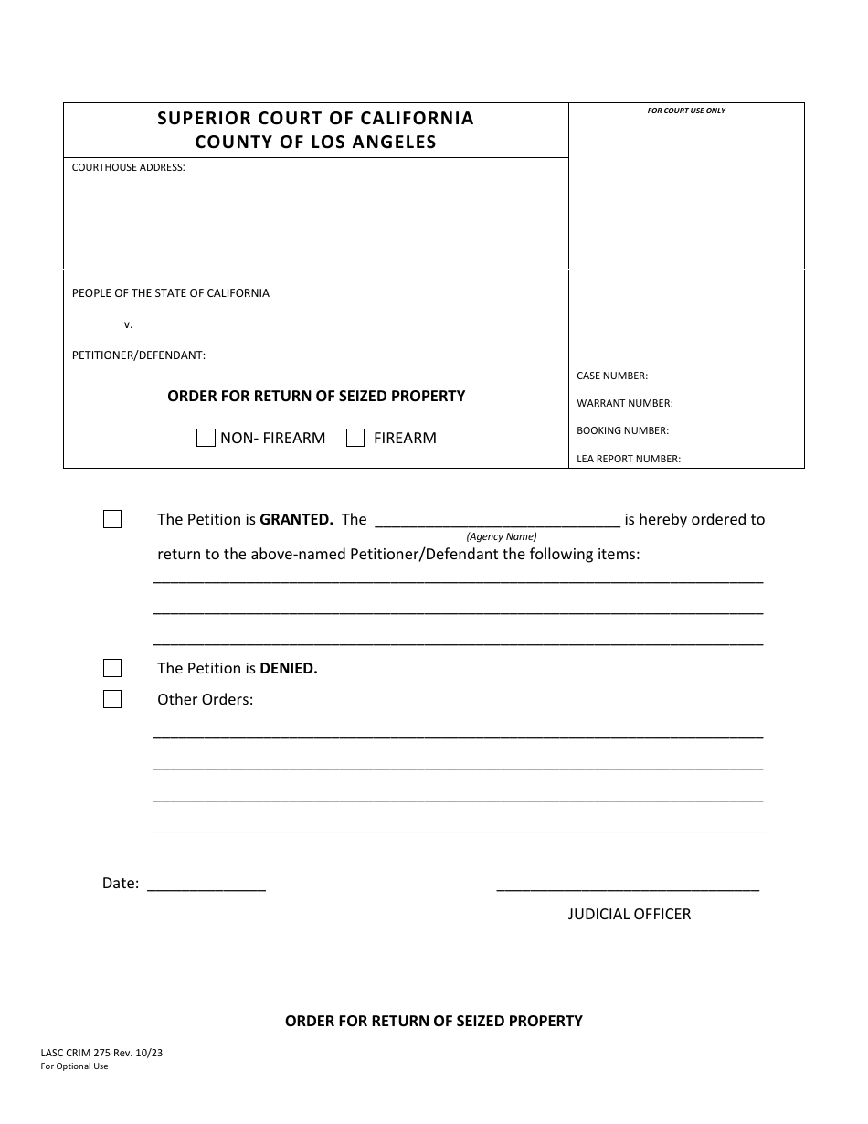 Form LASC CRIM275 Order for Return of Seized Property - County of Los Angeles, California, Page 1