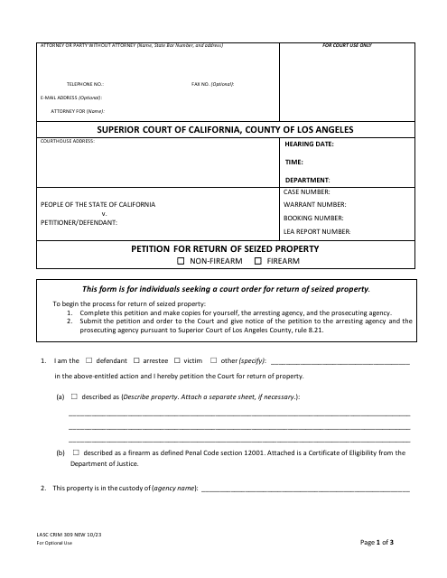Form LASC CRIM309  Printable Pdf