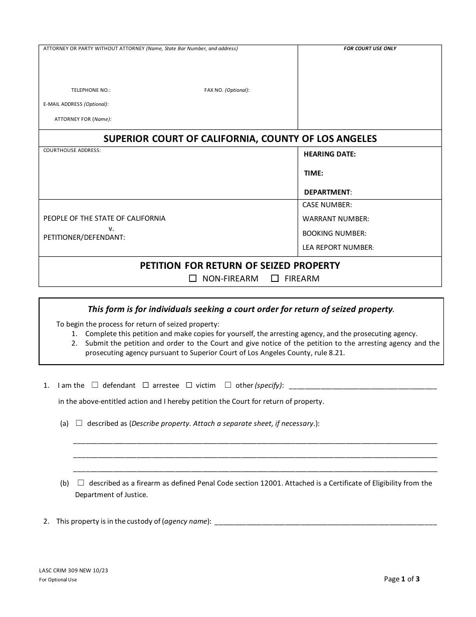 Form LASC CRIM309 Fill Out Sign Online and Download Fillable PDF