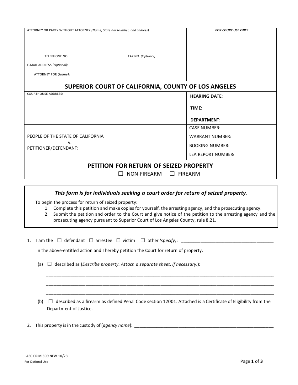 Form LASC CRIM309 Petition for Return of Seized Property - County of Los Angeles, California, Page 1