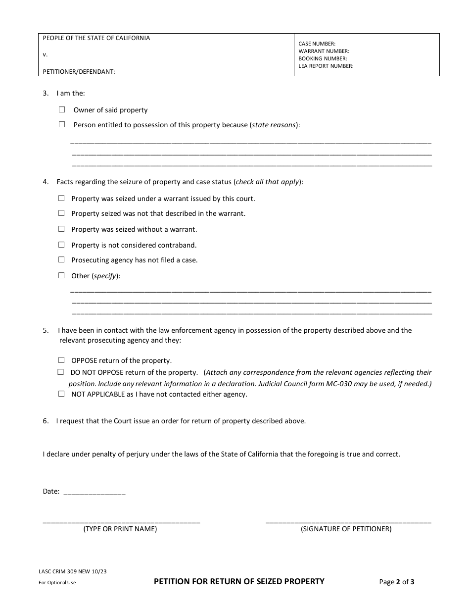 Form LASC CRIM309 Petition for Return of Seized Property - County of Los Angeles, California, Page 2