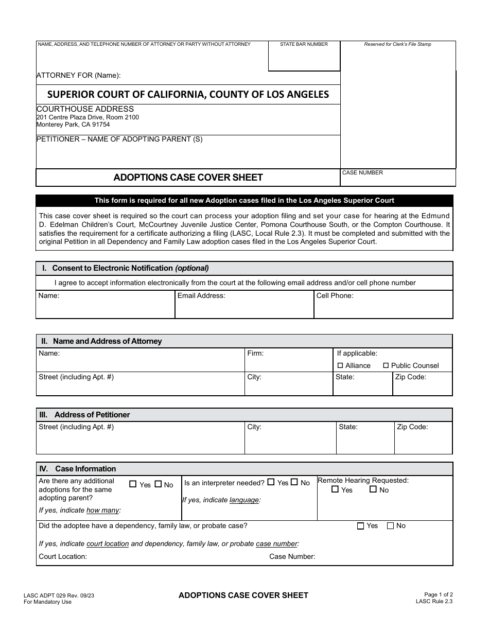 Form LASC ADPT029 Adoptions Case Cover Sheet - County of Los Angeles, California, Page 1