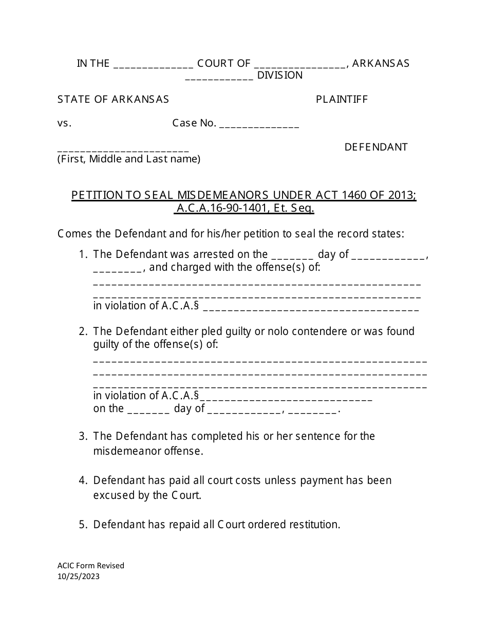 Petition to Seal Misdemeanors Under Act 1460 of 2013 - Arkansas, Page 1