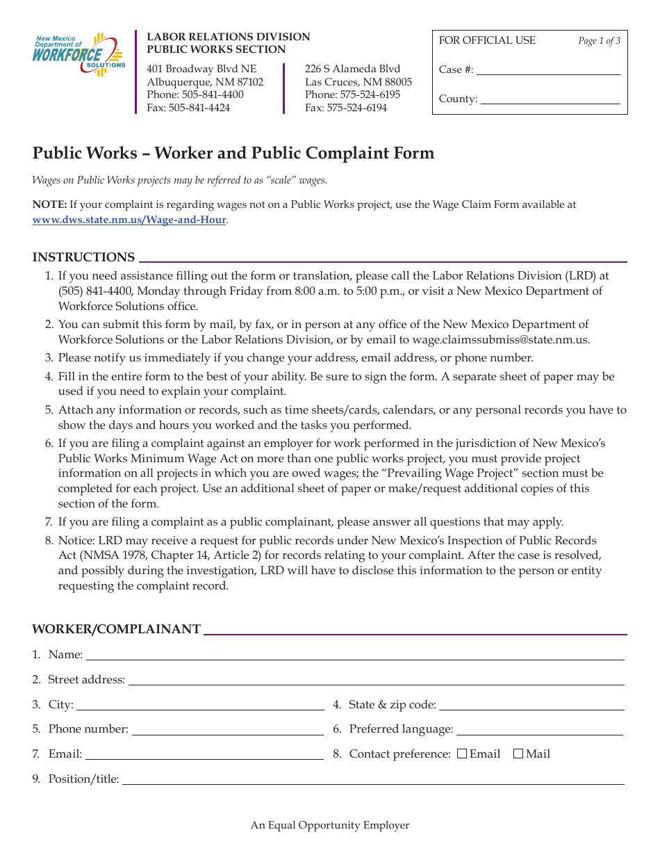Public Works - Worker and Public Complaint Form - New Mexico, Page 1
