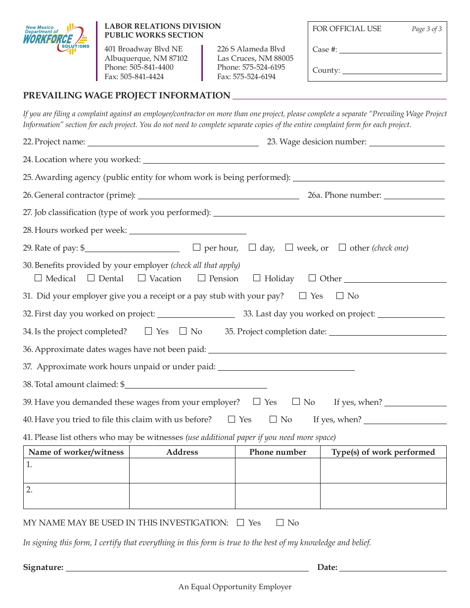 New Mexico Public Works - Worker and Public Complaint Form - Fill Out ...