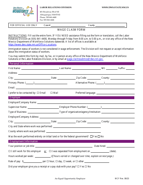 Wage Claim Form - New Mexico Download Pdf