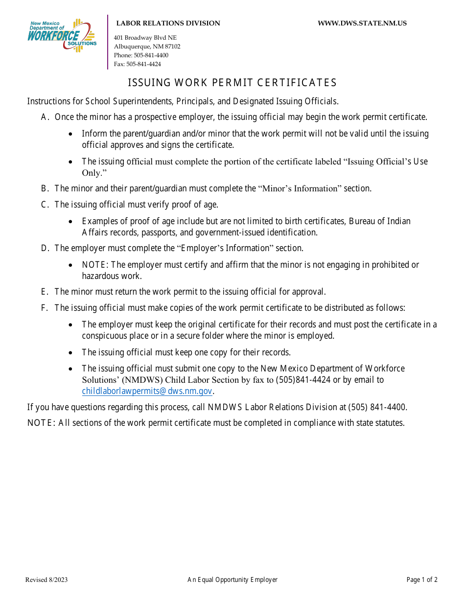 Work Permit Certificate - for Minors Ages 14 and 15 - New Mexico, Page 1
