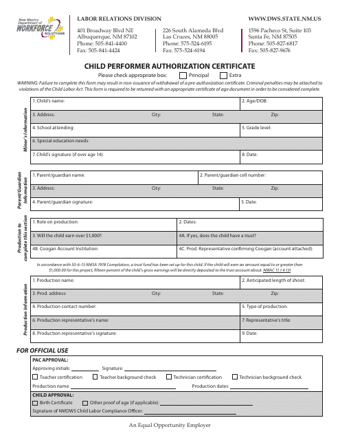 Child Performer Authorization Certificate - New Mexico Download Pdf