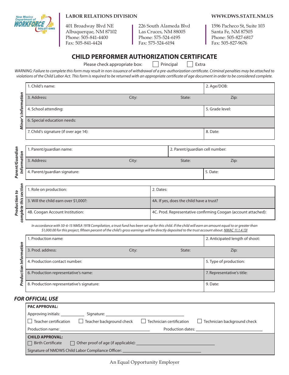 Child Performer Authorization Certificate - New Mexico, Page 1