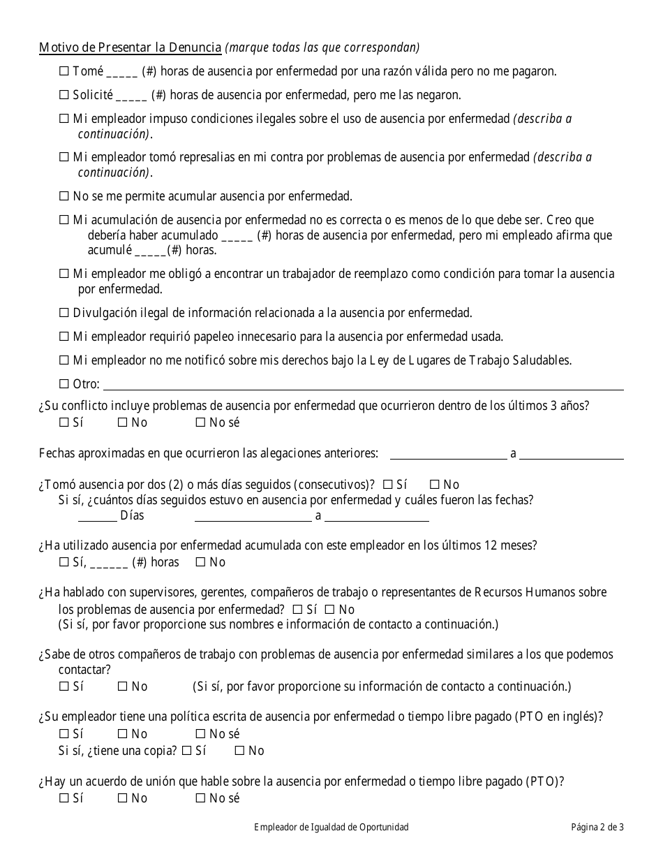Formulario De Denuncia De La Ley De Lugares De Trabajo Saludables - New Mexico (Spanish), Page 2