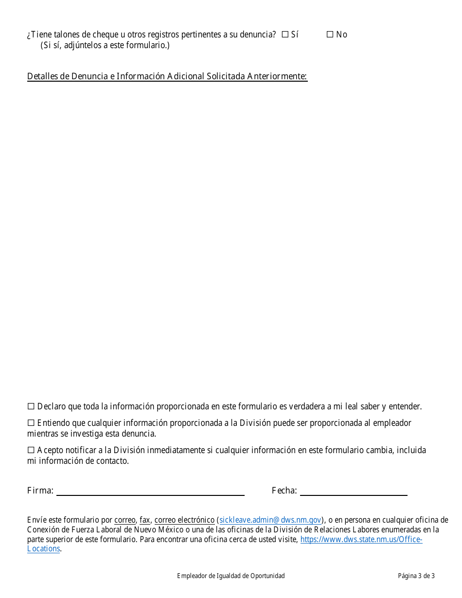 Formulario De Denuncia De La Ley De Lugares De Trabajo Saludables - New Mexico (Spanish), Page 3