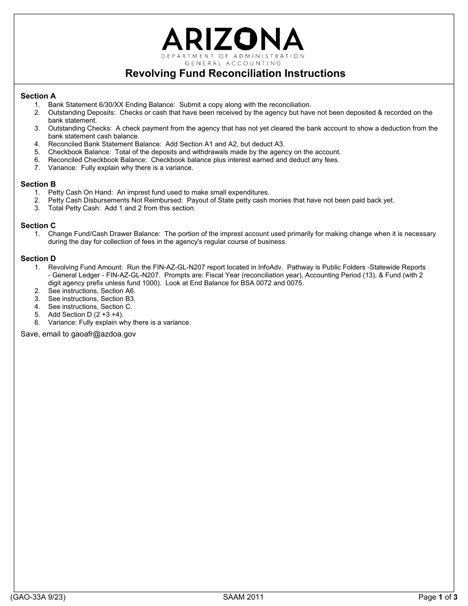 Form GAO-33A Revolving Fund Reconciliation - Arizona, Page 1