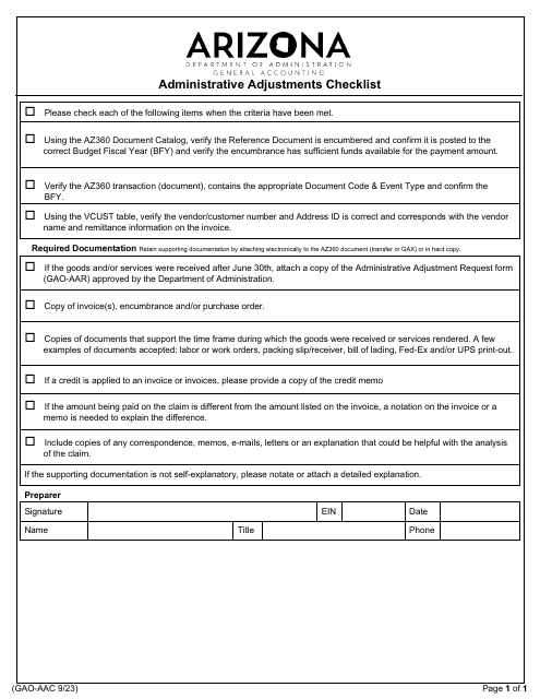 Form GAO-AAC Administrative Adjustments Checklist - Arizona