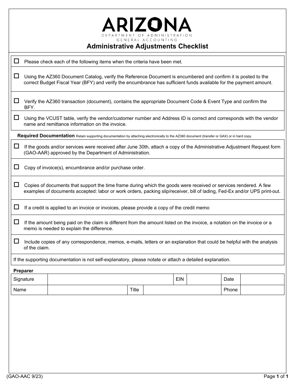 Form GAO-AAC Administrative Adjustments Checklist - Arizona, Page 1