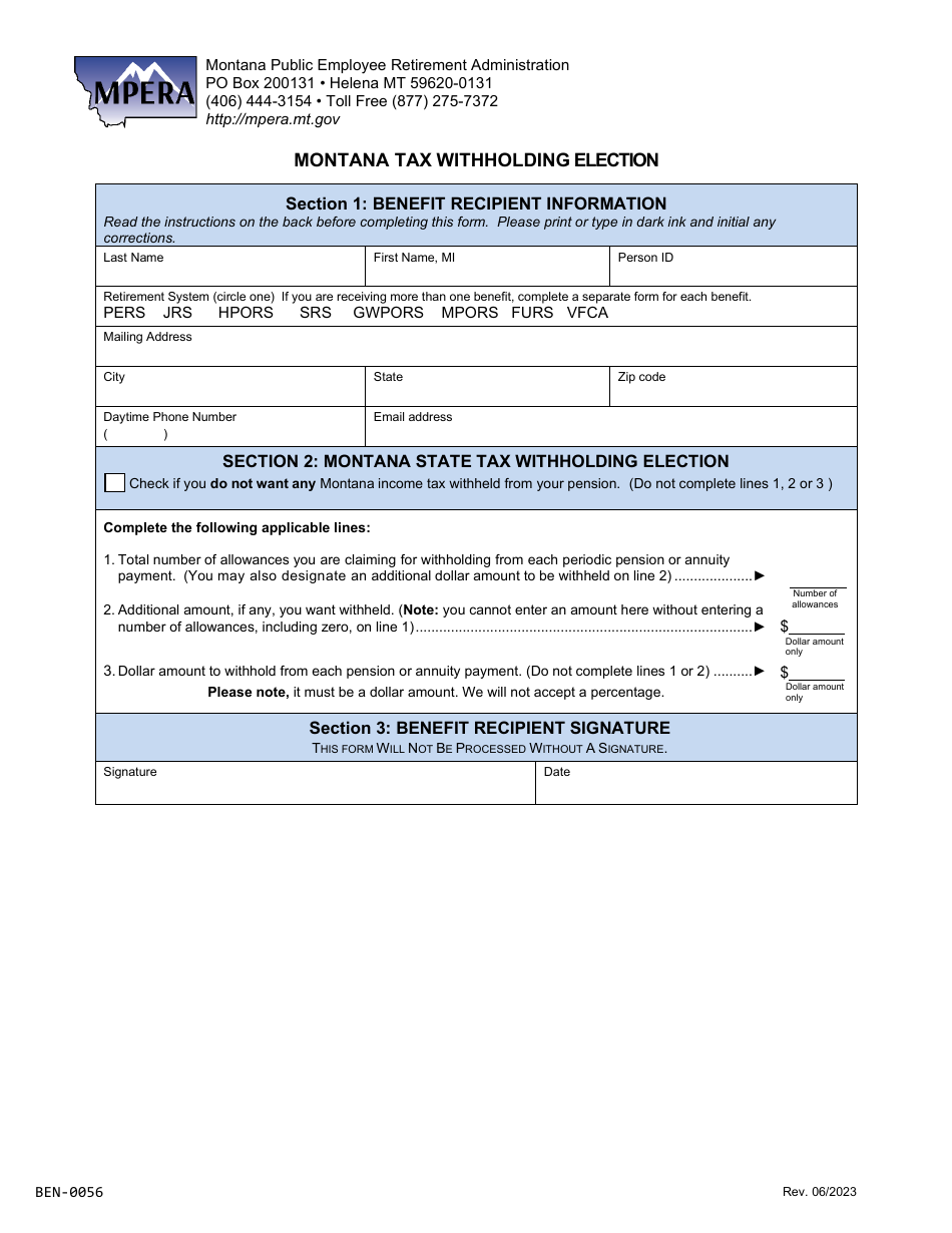 Form BEN-0056 Montana Tax Withholding Election - Montana, Page 1