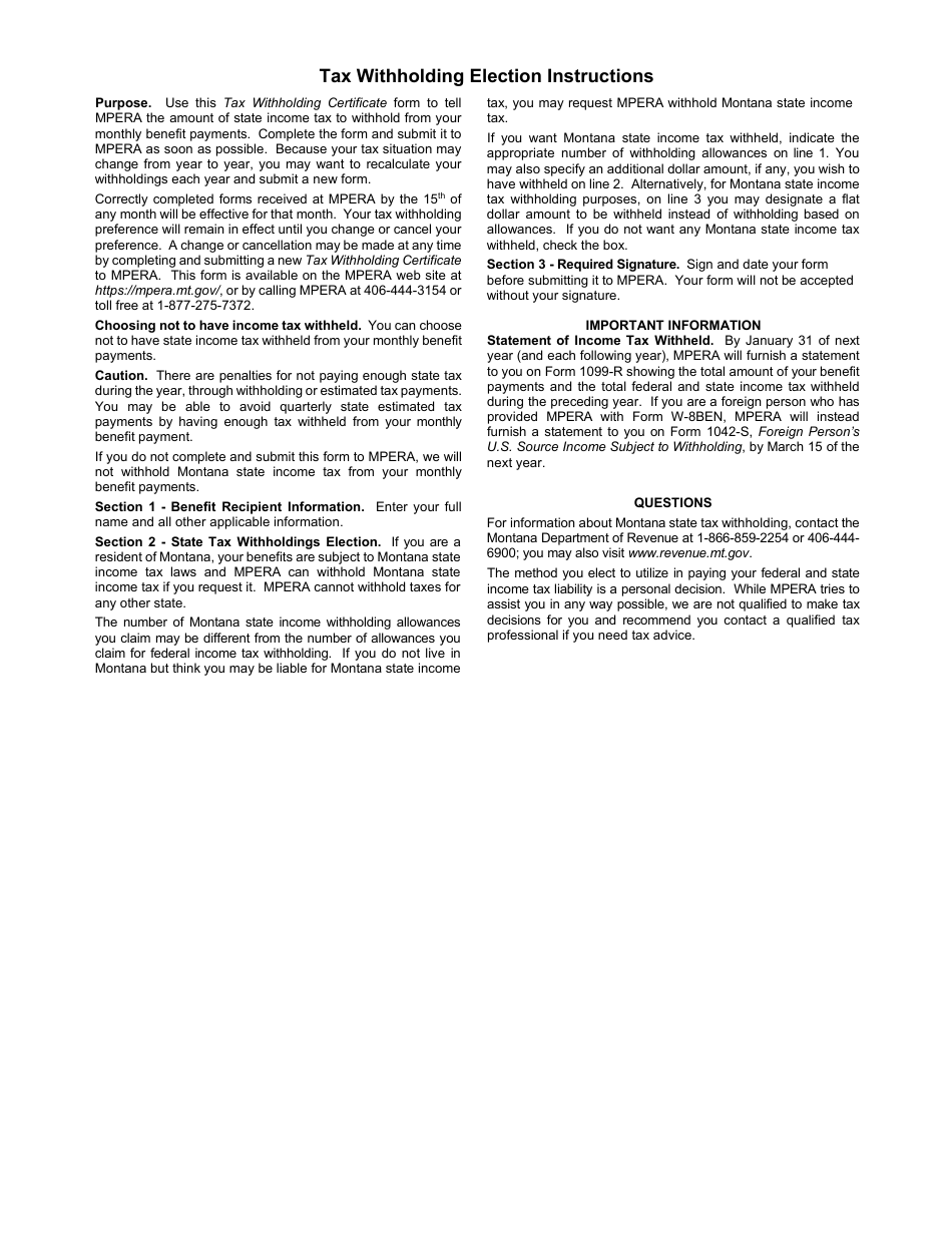 Form BEN-0056 Montana Tax Withholding Election - Montana, Page 2