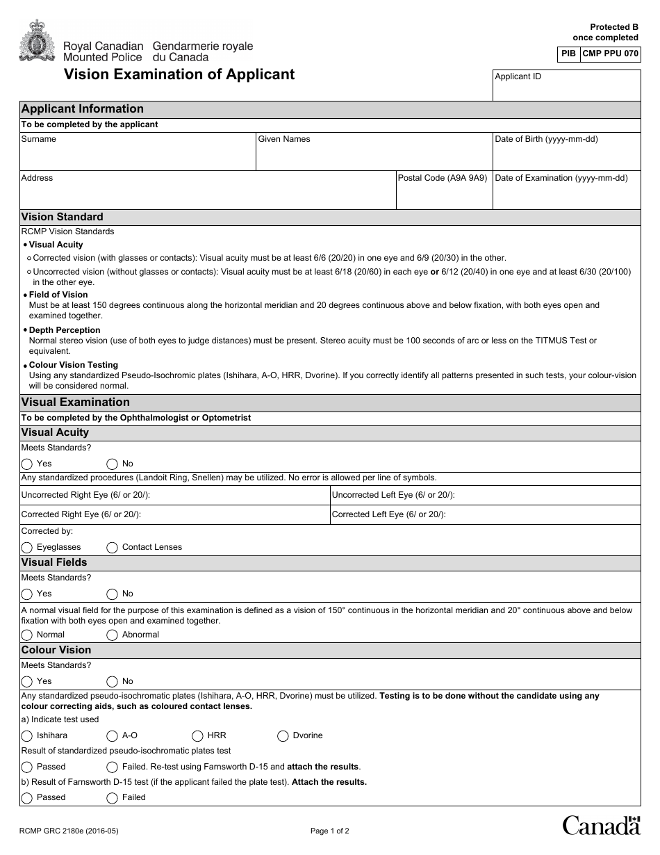 Form RCMP GRC2180E Vision Examination of Applicant - Canada, Page 1