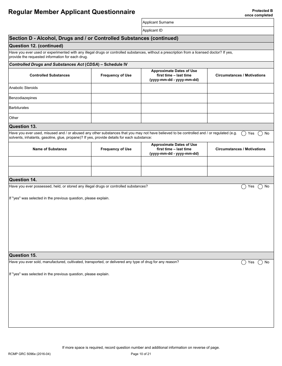 Form RCMP GRC5096E Regular Member Applicant Questionnaire (Rmaq) - Canada, Page 10