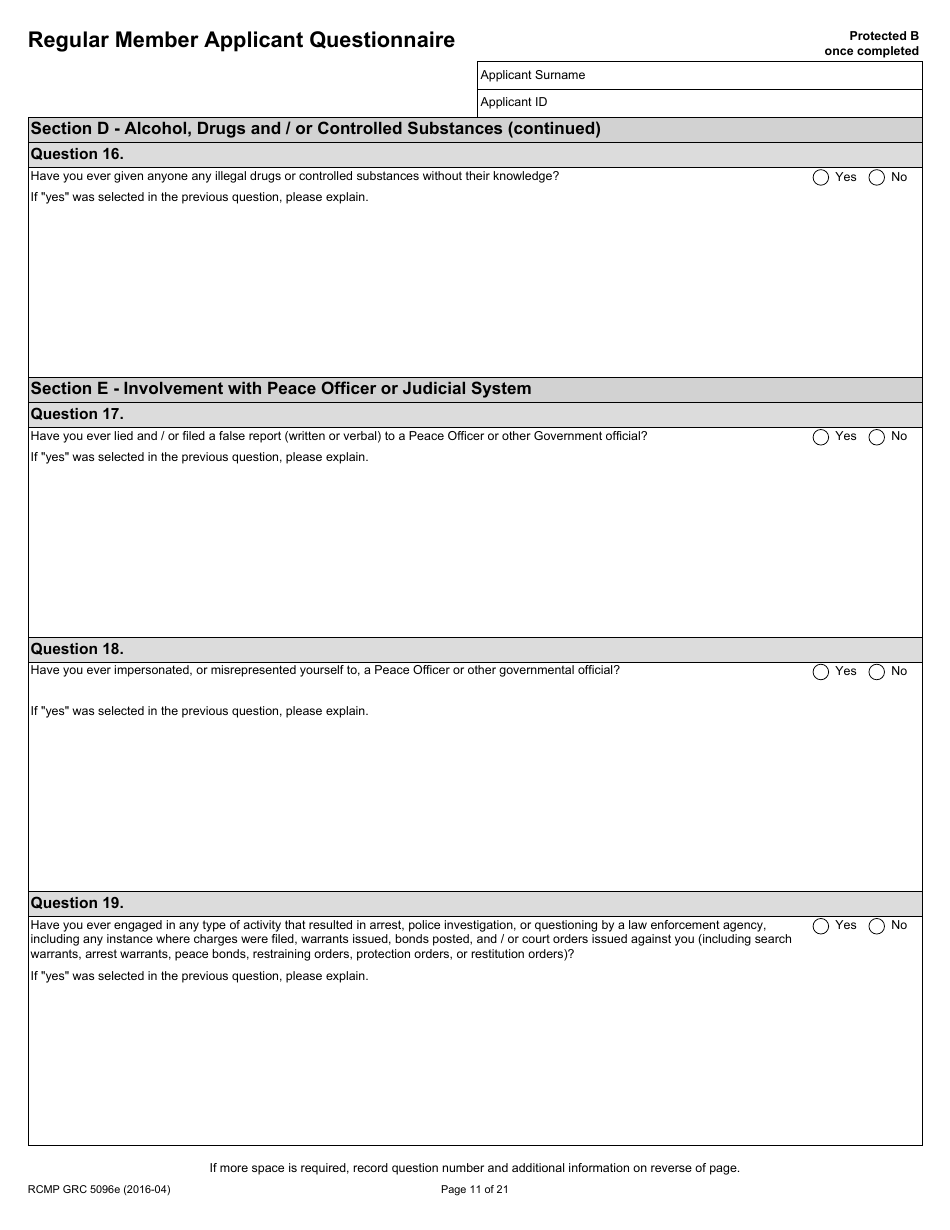 Form RCMP GRC5096E Regular Member Applicant Questionnaire (Rmaq) - Canada, Page 11