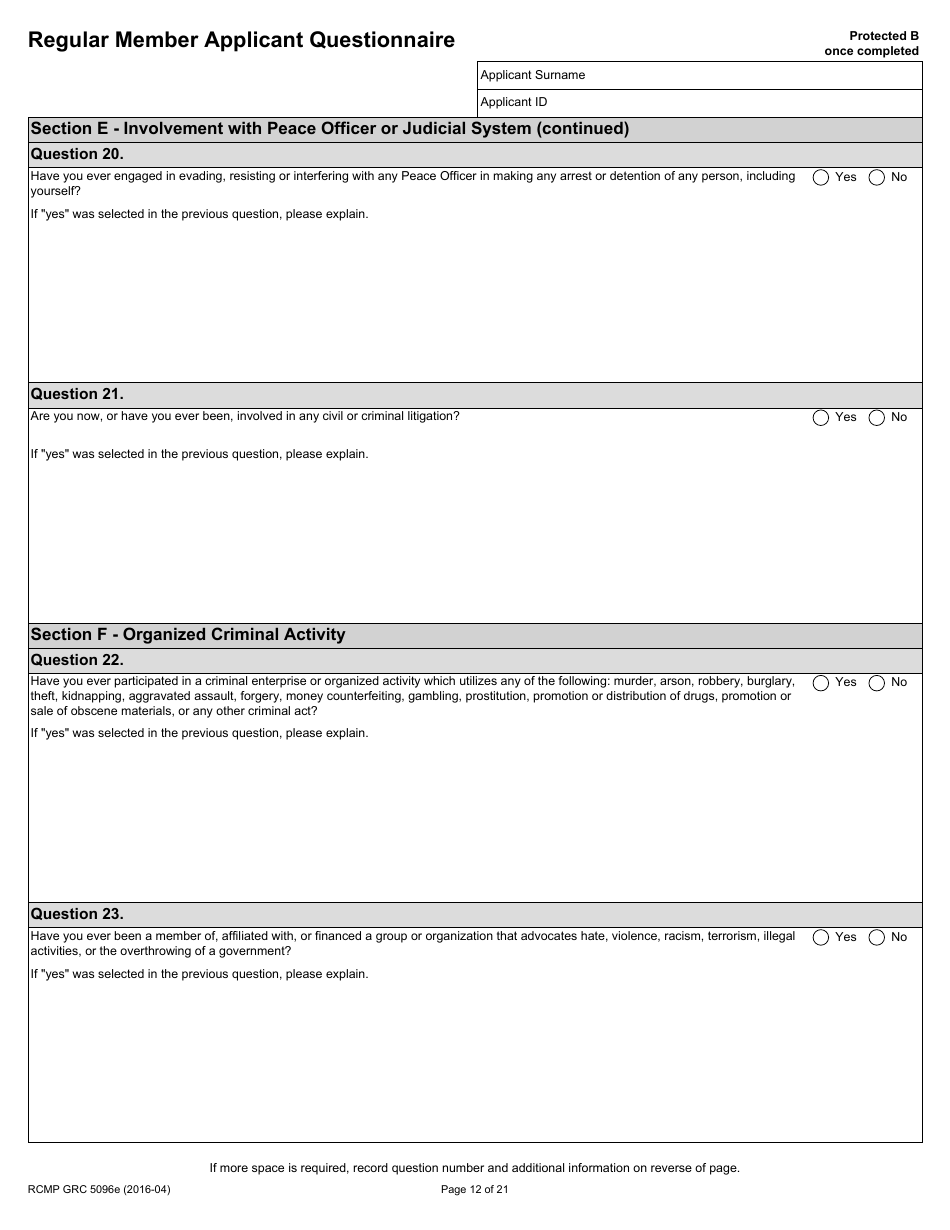 Form RCMP GRC5096E Regular Member Applicant Questionnaire (Rmaq) - Canada, Page 12