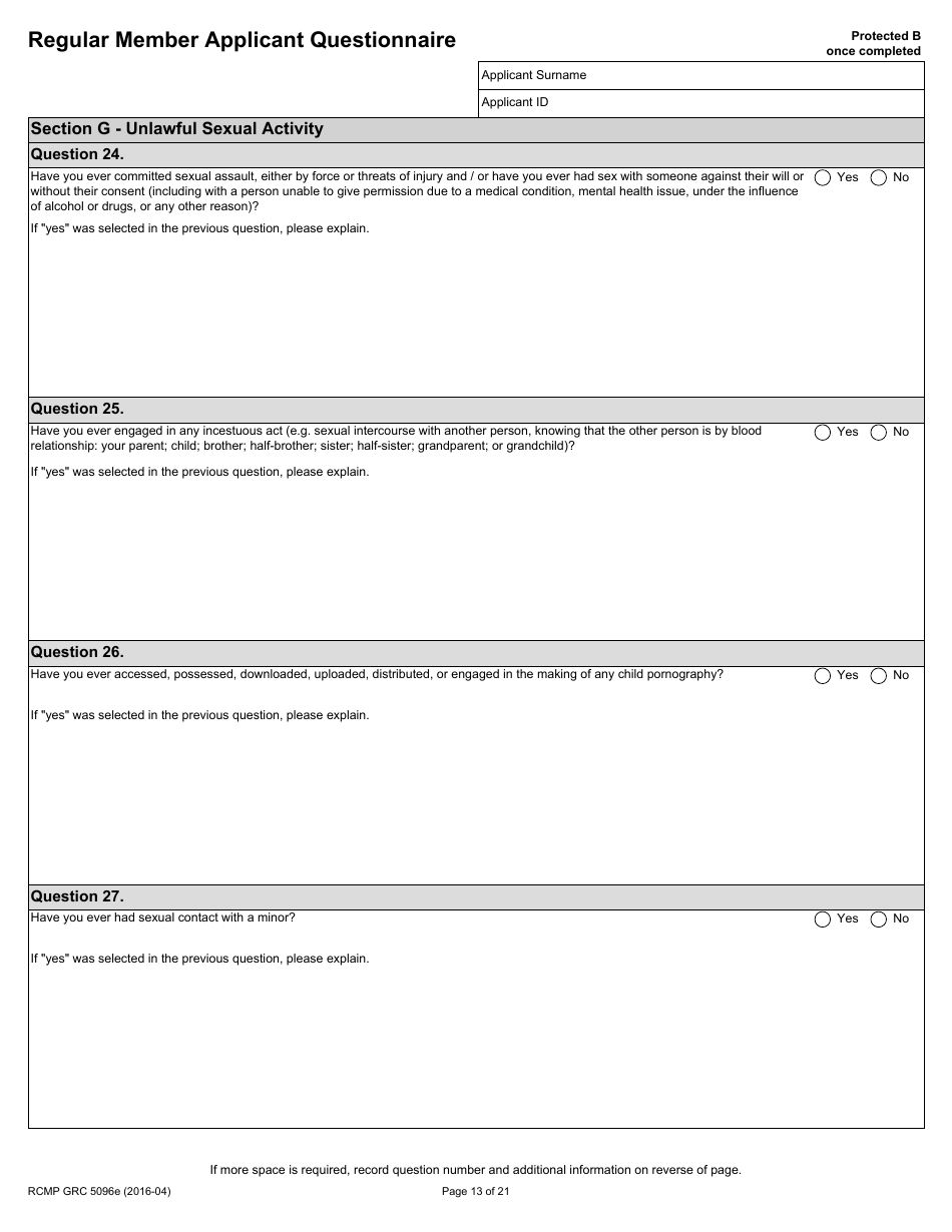 Form RCMP GRC5096E Regular Member Applicant Questionnaire (Rmaq) - Canada, Page 13