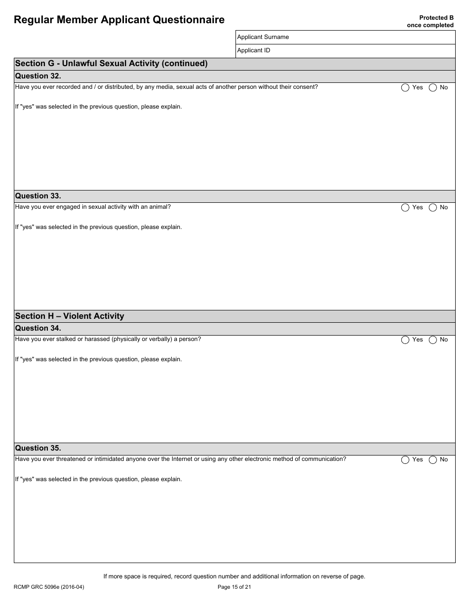 Form RCMP GRC5096E Regular Member Applicant Questionnaire (Rmaq) - Canada, Page 15