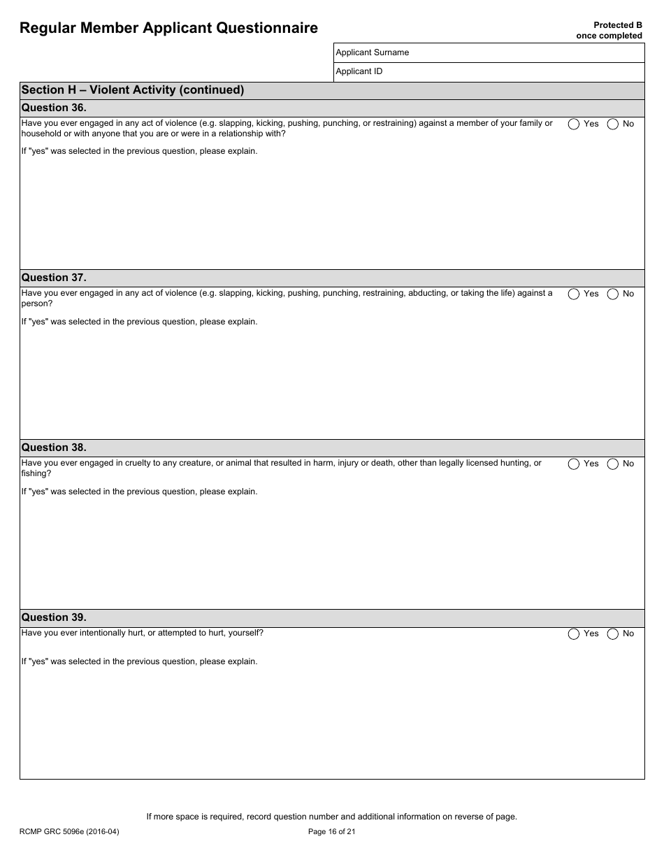 Form RCMP GRC5096E Regular Member Applicant Questionnaire (Rmaq) - Canada, Page 16