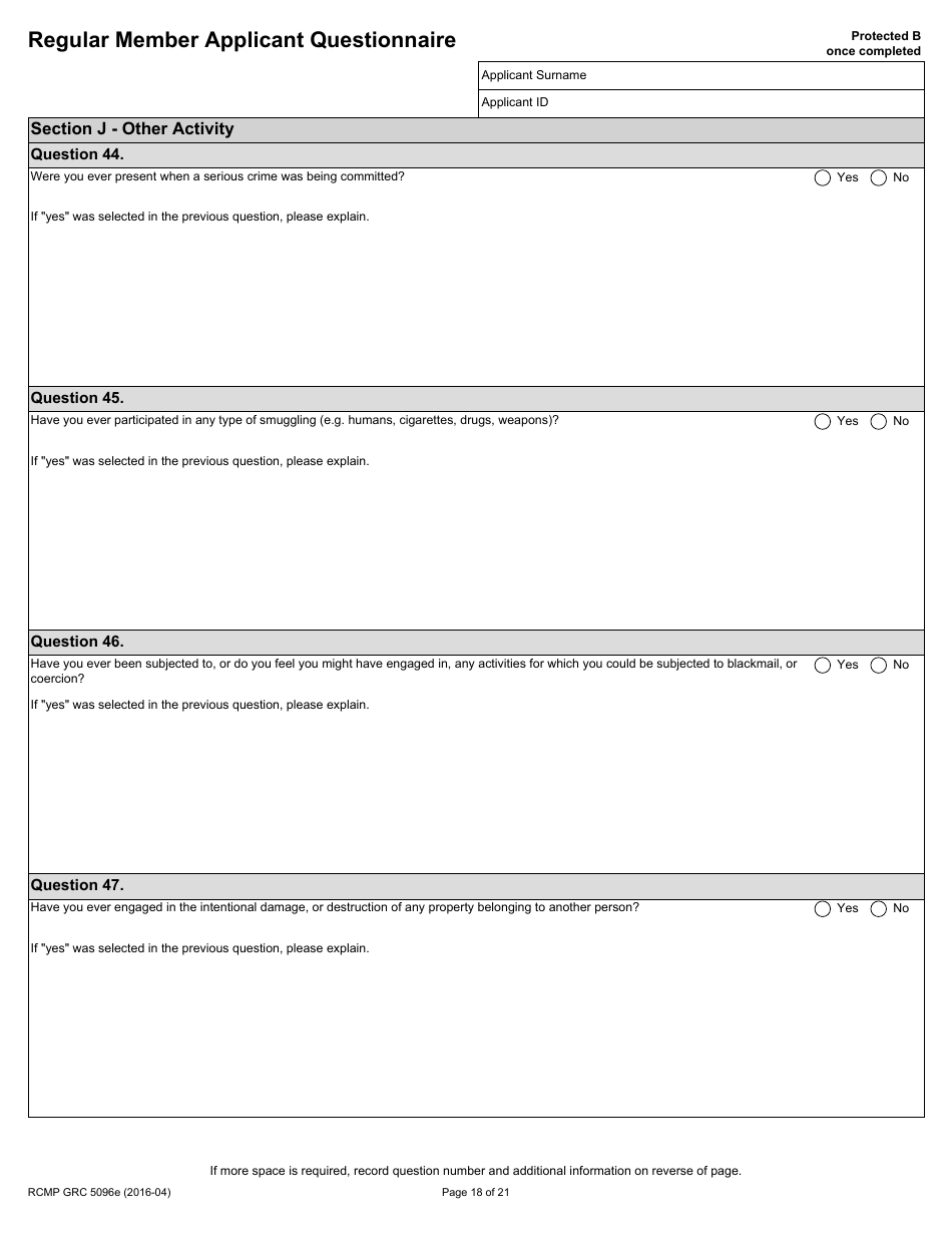 Form RCMP GRC5096E Regular Member Applicant Questionnaire (Rmaq) - Canada, Page 18