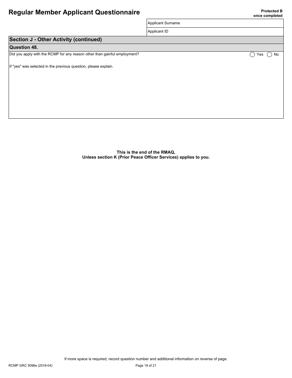Form RCMP GRC5096E Regular Member Applicant Questionnaire (Rmaq) - Canada, Page 19