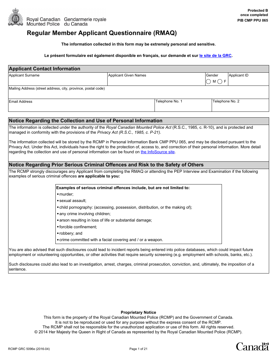 Form RCMP GRC5096E Regular Member Applicant Questionnaire (Rmaq) - Canada, Page 1