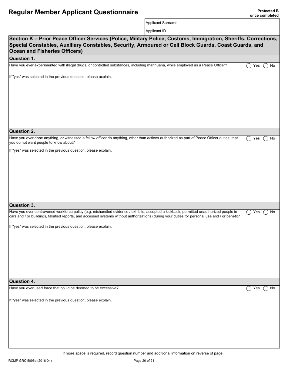 Form RCMP GRC5096E Regular Member Applicant Questionnaire (Rmaq) - Canada, Page 20