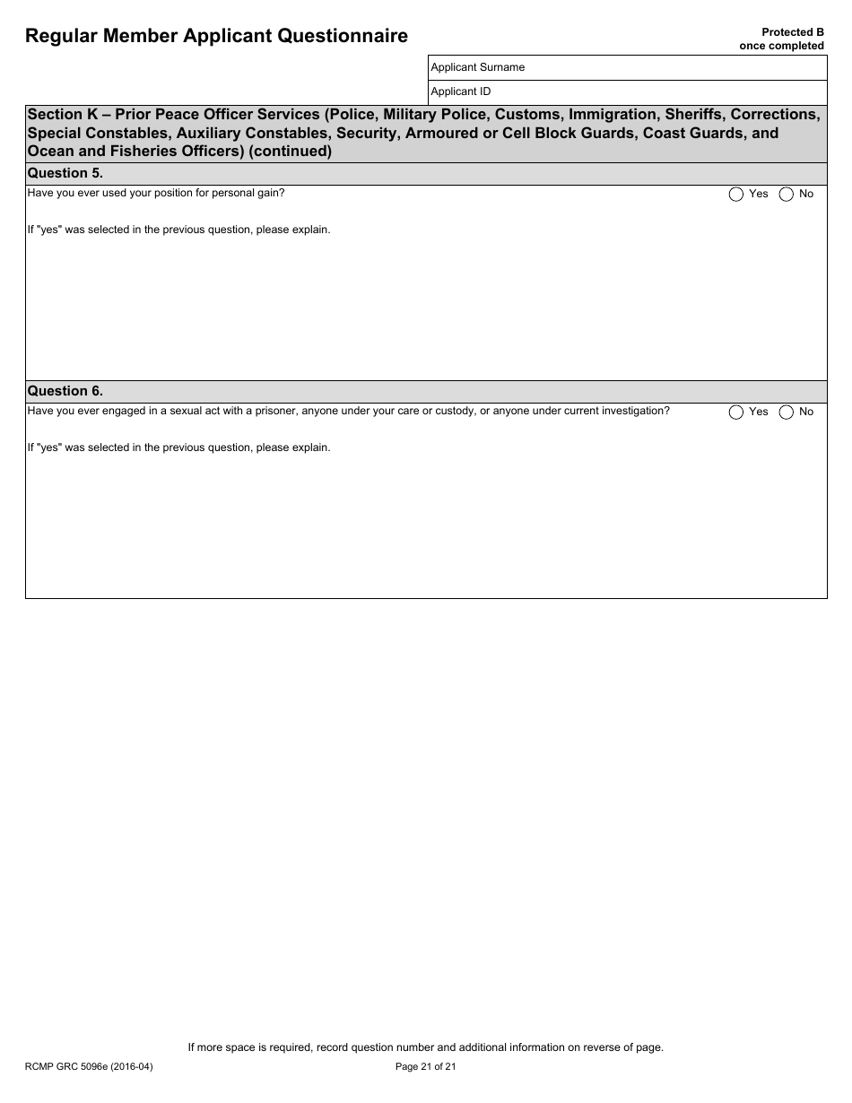 Form RCMP GRC5096E Regular Member Applicant Questionnaire (Rmaq) - Canada, Page 21