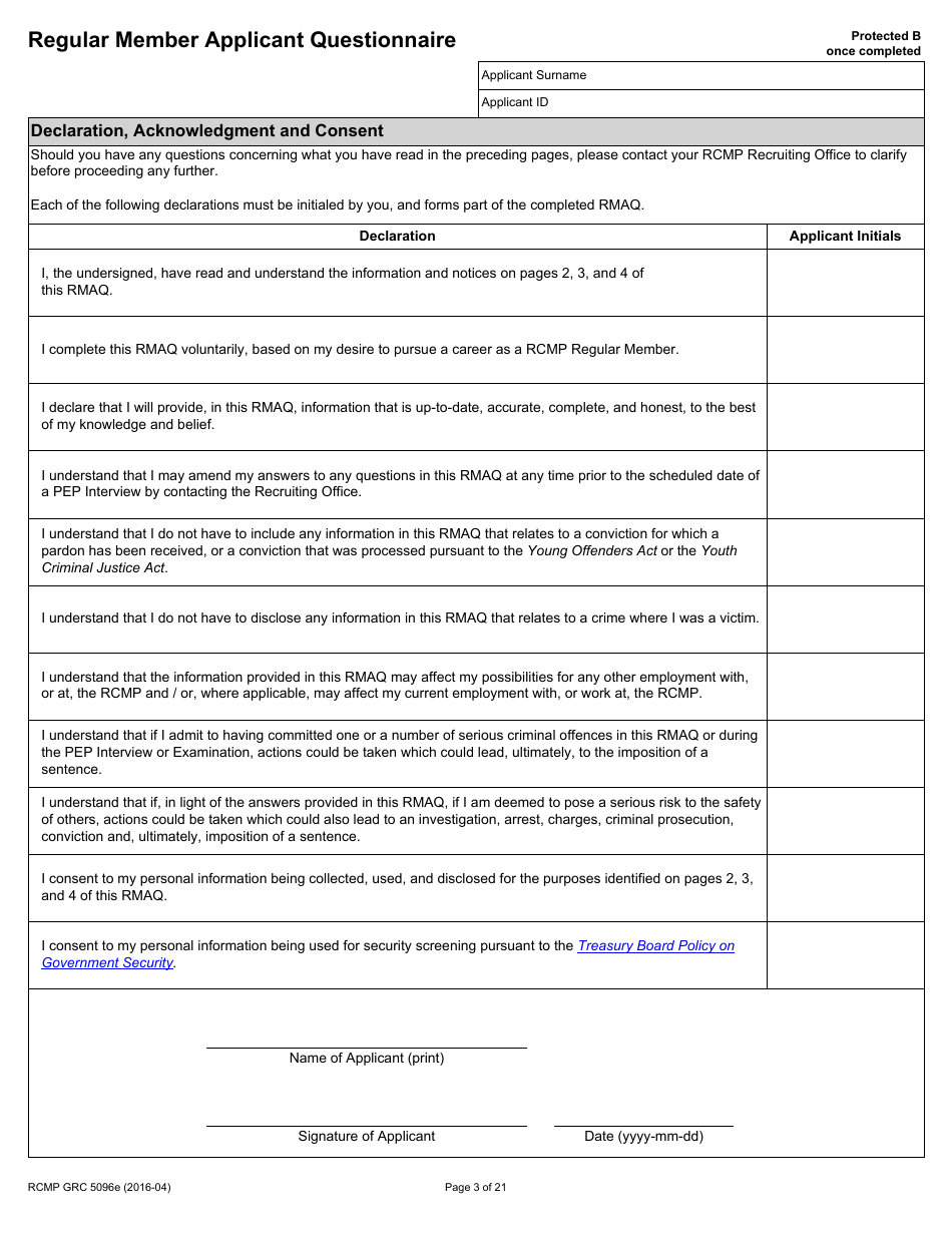 Form RCMP GRC5096E Regular Member Applicant Questionnaire (Rmaq) - Canada, Page 3