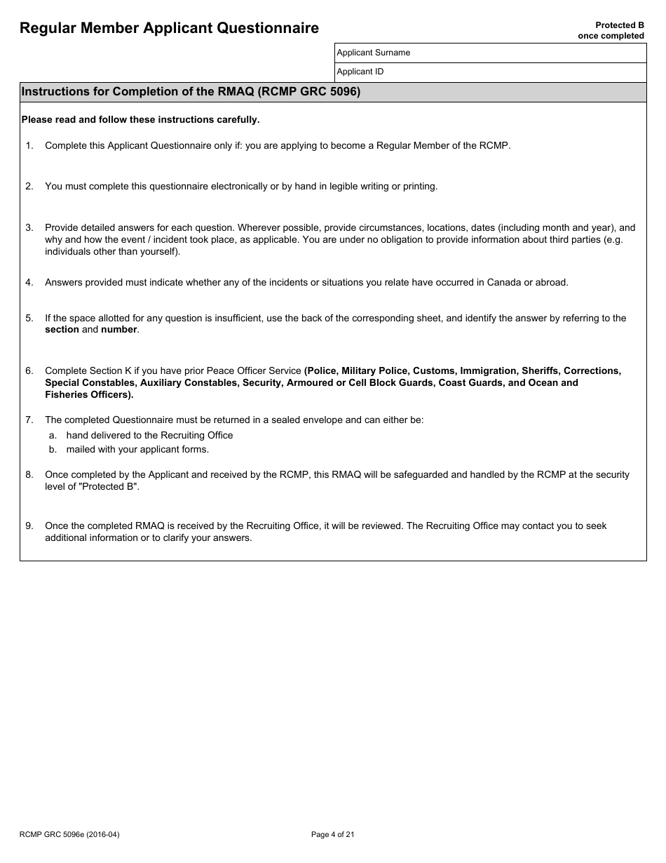 Form RCMP GRC5096E Regular Member Applicant Questionnaire (Rmaq) - Canada, Page 4