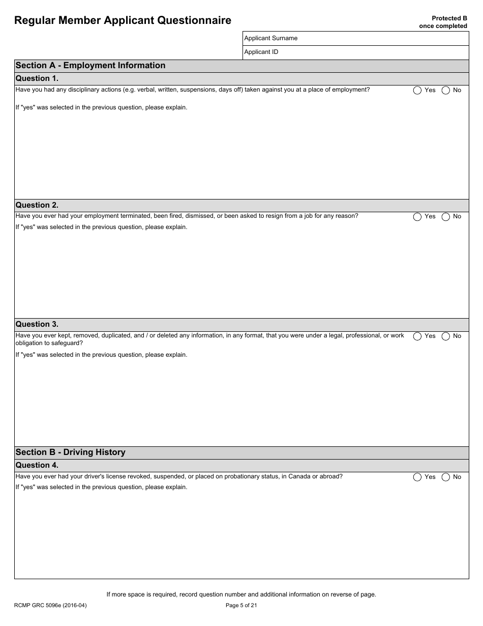 Form RCMP GRC5096E Regular Member Applicant Questionnaire (Rmaq) - Canada, Page 5